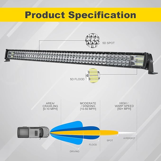 5D 52'' inch Straight LED Light Bar + 4'' inch White/Amber Yellow LED Pods Strobe Light Driving Fog Light Spot Flood Combo Beam Offroad Lighting with Switch Wiring Harness for Truck Pickup ATV