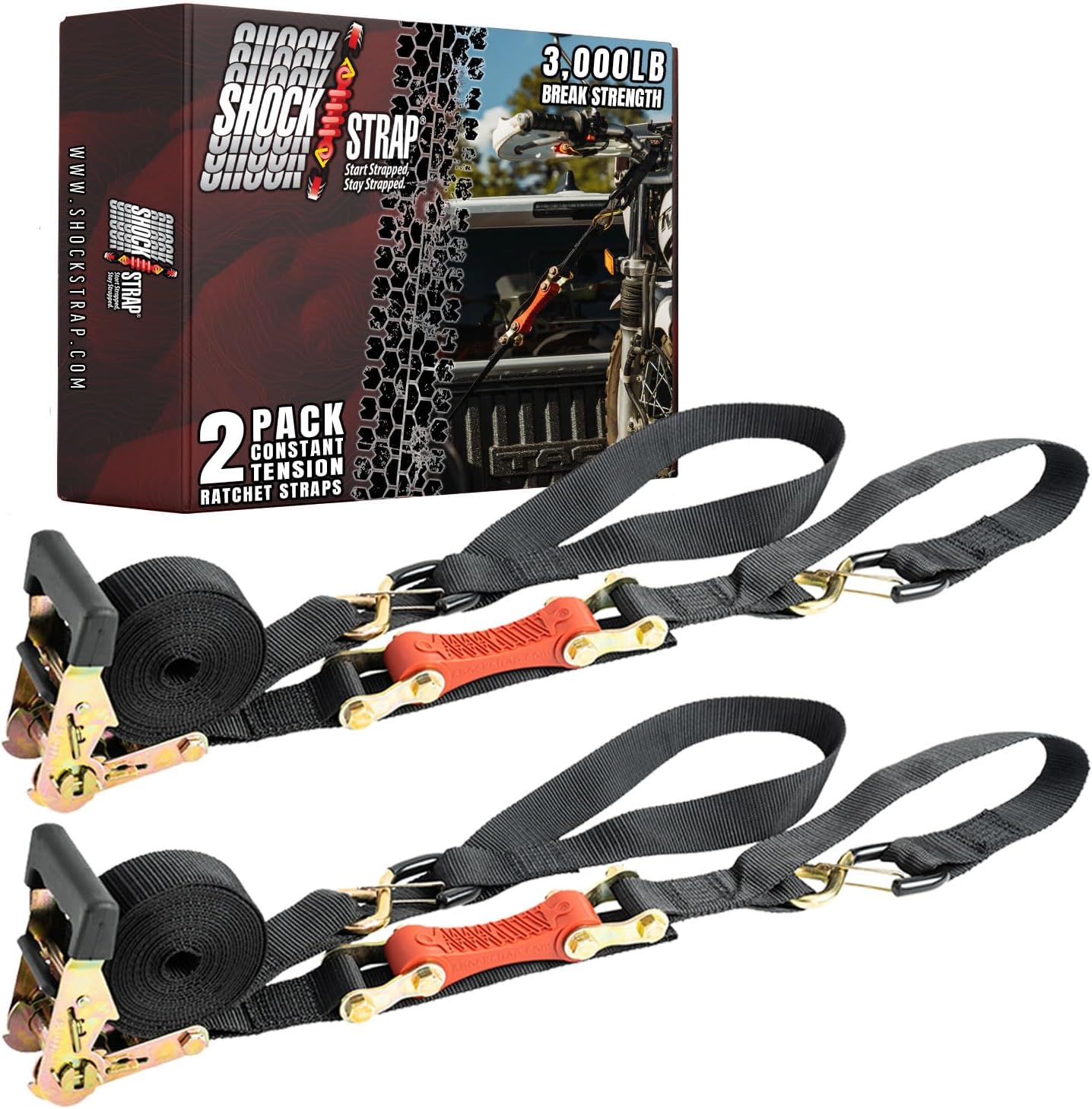 Ratchet Strap, 7’ x 1.5" Shock Absorbing Heavy Duty Tie Downs for Cargo, 1,000 LB WLL / 3,000 LB Break Strength, 2-Pack