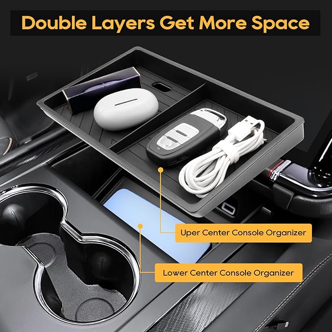 LFOTPP Center Console Organizer for 2025-2026 GMC Yukon (Elevation/AT4) 2PCS Armrest Storage Box Tray ABS Materials& TPE Wirless Mats Storage Box- Only Compatible with Console Without Cover