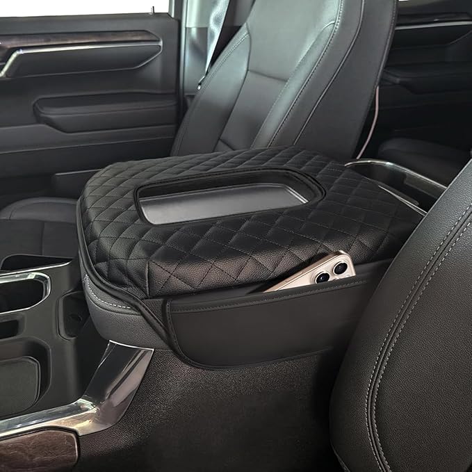 Center Console Cover Fit for GMC Sierra & Chevy Silverado 2019-2026, Tahoe /Yukon /Suburban 2021-2026 Thickened Leather Armrest Cover Cushion Center Lid Protector With Pockets (Bucket Seat Only)