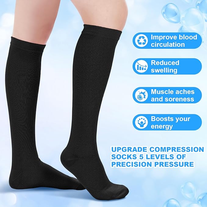 BreezeHug 4 Pcs Travel Comfort Kit with Memory Foam Travel Pillow Airplane Footrest Hammock 3D Contoured Eye Mask Compression Socks Neck Pillow for Car Flight Sleeping Support (Black)
