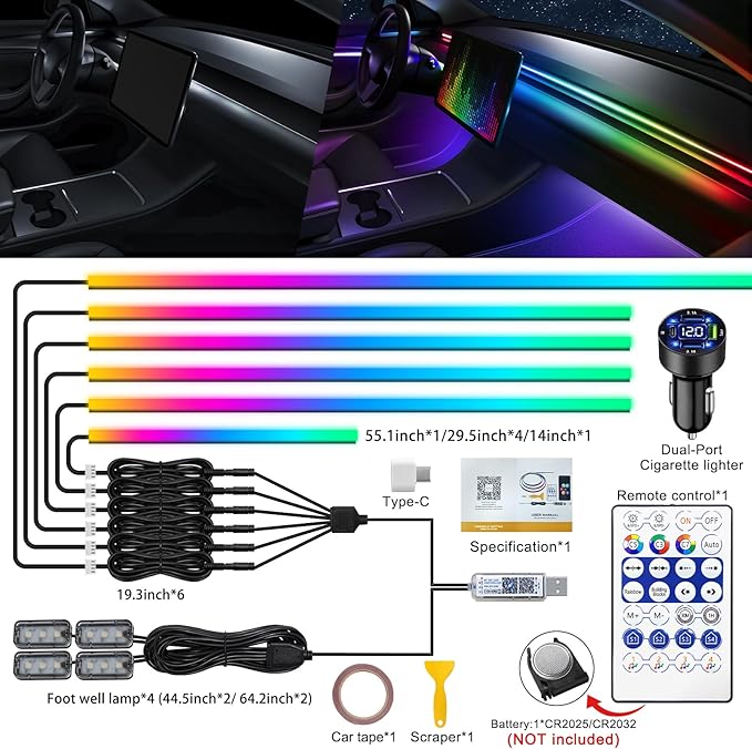 Dreamcolor Acrylic Interior Car LED Strip Light with USB/Type C/4-Port Cigarette Lighter, RGB 10 in 1 with 187 inches 650 LEDs Ambient Lighting Kits, Sound Active Function Neon Led Strips for Car