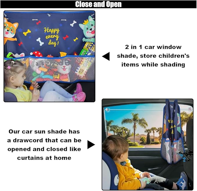 Car Window Shade for Baby, Blackout Car Window Curtain with Storage Pockets & 7 Suction Cups, Cartoon Pattern Cars Side Window Sun Shade Cover for Sun/Heat/UV Rays Protection (Blue-Cute Dogs)