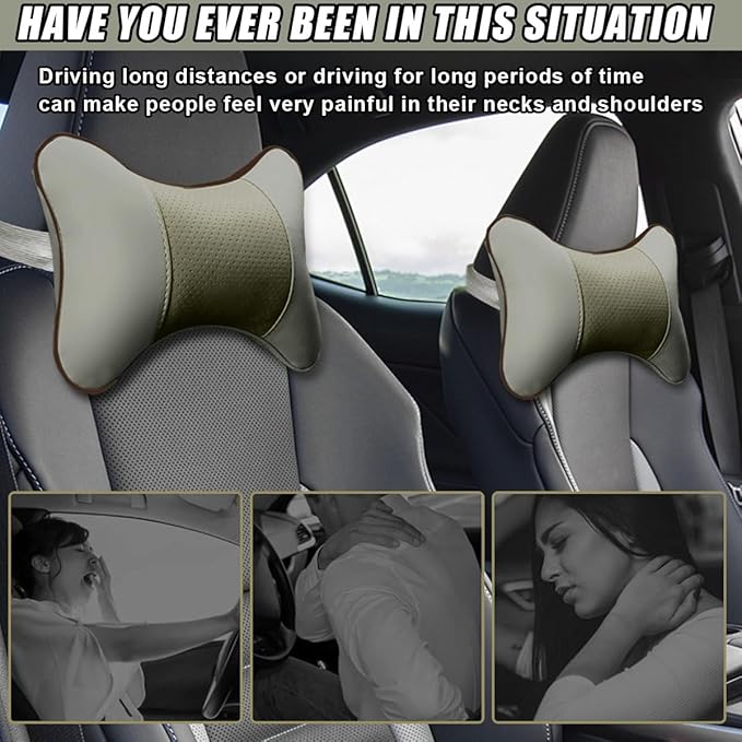 2PCS Car Neck Pillow, PU Leather Headrest Cushion with Adjustable Strap, Ergonomic Soft Headrest Pillow, Universal Multi-Function Auto Lumbar Support Accessories for Pressure Relief (Grey)