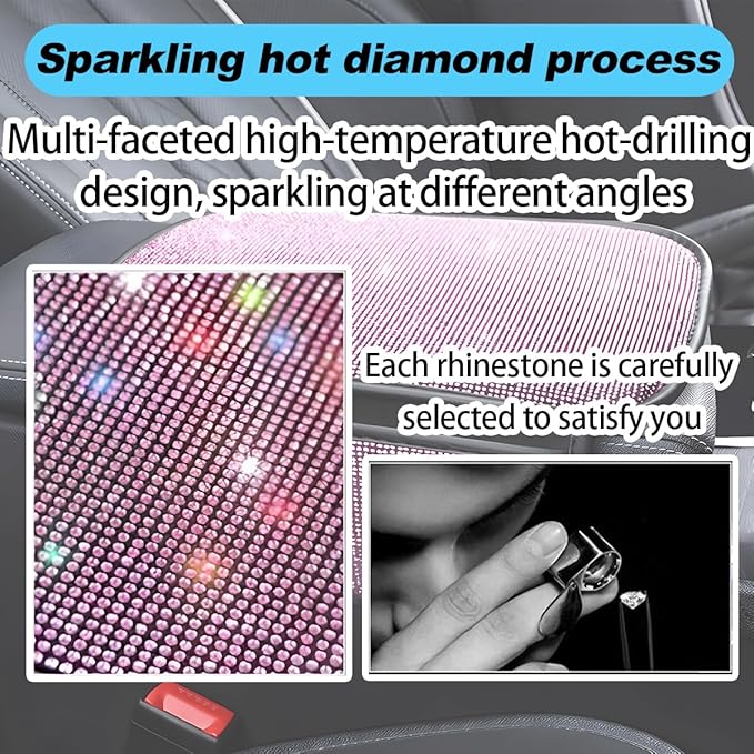 Bling Car Center Console Cover, Crystal Rhinestone Vehicle Armrest Cover Cushion with 2 Storage Bags for Women Girls, Diamond Auto Storage Box Protector Pad, Universal Fit (Pink)