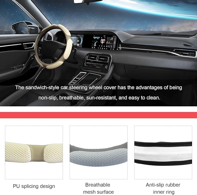 Car Steering Wheel Cover, 15" Breathable Ice Silk Auto Wheel Protector with Comfortable Grip, Anti-Slip Slip-on Steering Wheel Wrap Soft Hand Pad Cushion for Women Men (Beige)