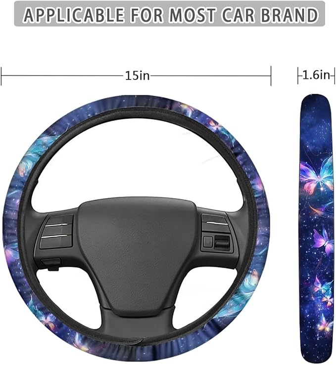 AFPANQZ Galaxy Butterfly Steering Wheel Covers for Women Car Accessories Interior Decor Car Steering Wheel Covers Anti-Slip Soft Grip 14-15 inch Stretch-on Steering Wheel Protector Cover