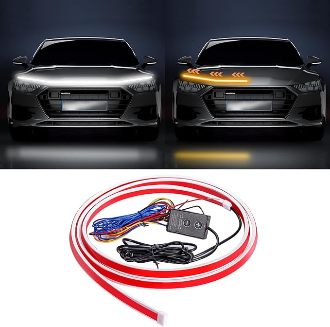 Dual Color Amber White Switchback 79 Inches Car Hood Light Strip,Exterior Flexible Headlight Waterproof Daytime Running Light Strip(1 Set)