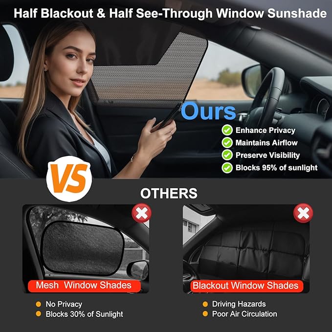 Car Window Shades, 2Pack Magnetic Front Car Window Cover, Half Blackout & Half See-Through Driver Side Window Sun Shade for Eating/Breastfeeding/Taking a Nap/Clothes Changing/Camping