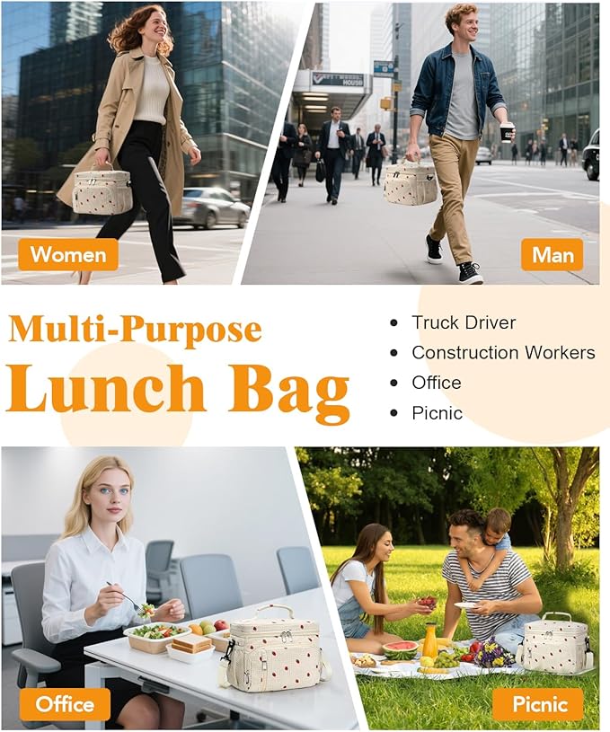 Insulated Lunch Bag for Men & Women, 9L Leakproof Lunch Box Soft Cooler Tote with 5 Pockets, 600D Oxford, EVA Lining, Adjustable Strap for Work, Picnic, Beach&Travel-Corduroy Strawberry