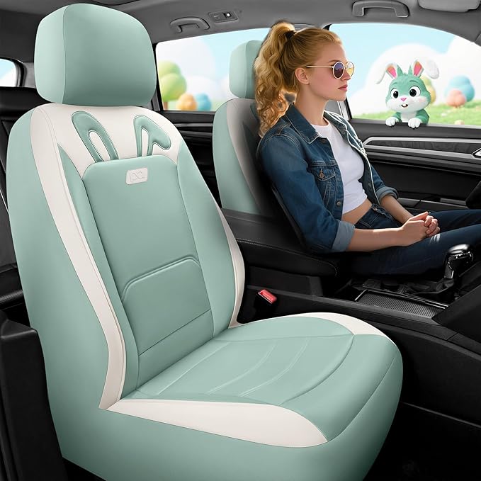 PIC AUTO Car Seat Covers, Cute Rabbit Premium Green Leather Seat Covers, Universal Fit Front Seat Covers for Cars, Trucks, SUVs, Soft & Wear-Resistant Auto Interior Protection with Airbag-Compatible