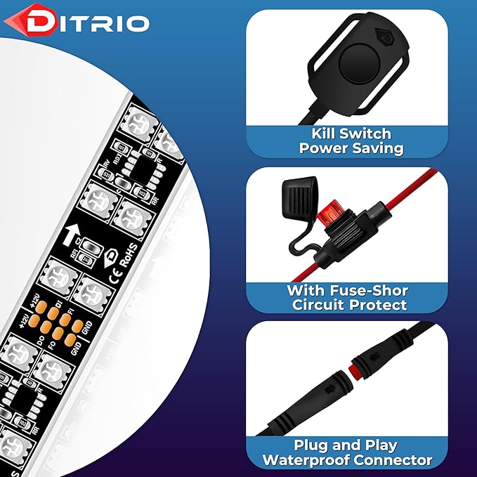 12PCS Double Row Motorcycle Led Lights with Brake Turn Signal,Underglow Light Kits with DITRIO APP/RF Remote Control, Dual Zone,Waterproof,12V Pixelglow RGB Lights for Motorcycles, Golf Carts, UTVs