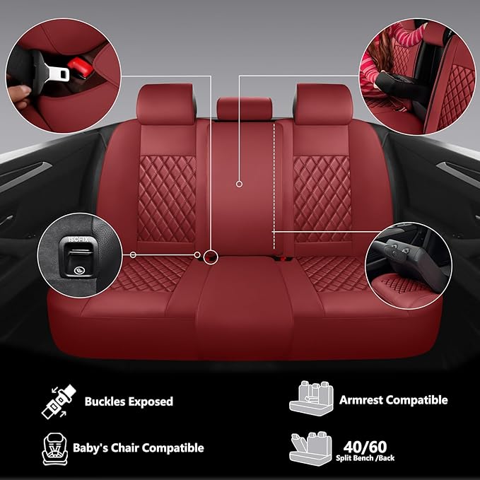 Car Seat Covers Full Set,Universal Fit for Cars,SUVs,Trucks,and Sedans with 5 Seats,Faux Leather Car Seat Cushion Compatible with Airbags,Waterproof Car Seat Protector,Wine Red