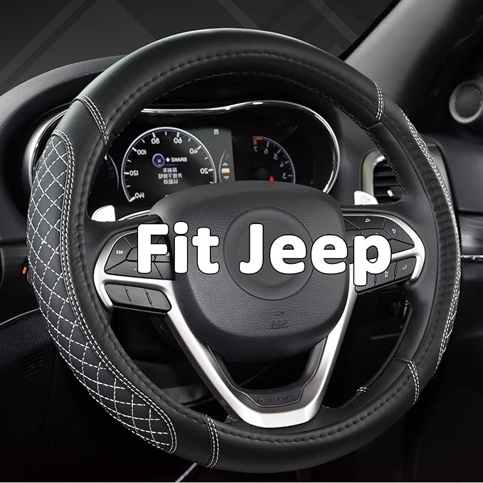 West Llama Customized Auto Car Steering Wheel Cover for Jeep 14.5-15 inches, Steering Wheel Cover for Jeep (Diamond Quilted-Black+Gray - Standard Size)