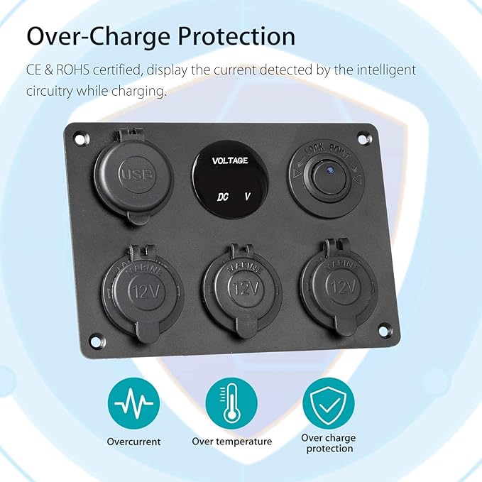 Linkstyle 6 in 1 Charger Socket Panel, 3 Cigarette Lighter Splitter with Dual USB Charger Ports & LED Voltmeter & Rocker Switch for 12V/24V Car RV Boat