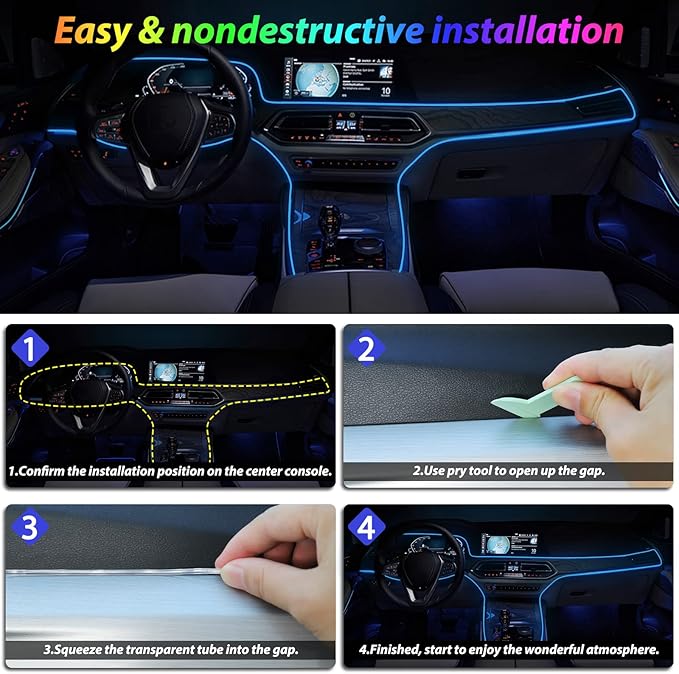 Car Led Strip Lights,Interior Lights,Ambient Lighting Kit With RGB 16 Million Colors Fiber Optics&Music Sync Rhythm,USB Neon Light Accessories for Center Console&Dashboard,Upgraded Version