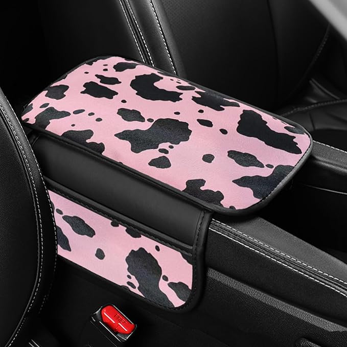 Cow Print Car Center Console Cover PVC Leather Armrest Cushion with 2 Storage Bags Universal Car Armrest Seat Box Pad Car Interior Accessories Protector for Women Men (Pink Black)