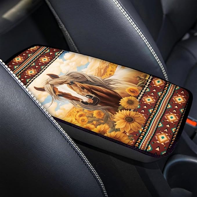 Aztec Horse Center Console Cover for Cars, Non-Slip Car Armrest Cover Auto Armrest Box Cover Horse Cars Interior Accessories Universal Fit Most Vehicle Trucks