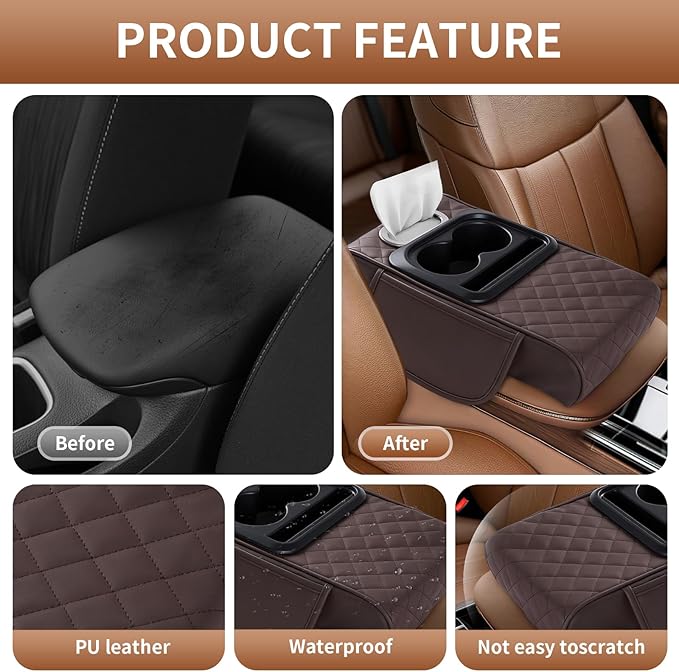 5-in-1 Car Armrest Cushion with Storage, Memory Foam Center Console Organizer W/Cup Holders, Tissue Holder & Phone Slot, Leather Car Armrest Cover Pad, Universal for Cars SUVs Trucks, Brown