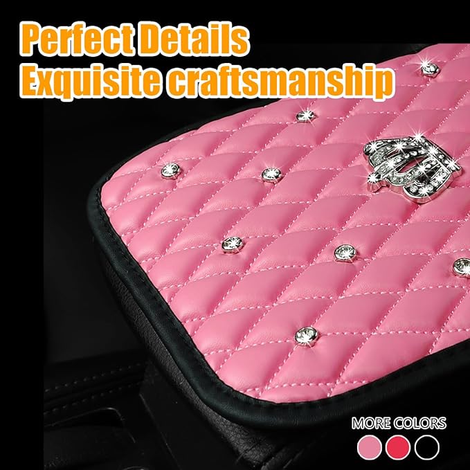 Mandark Bling Car Center Console Cover, Rhinestones Crown Vehicle Armrest Seat Box Mat Pad, Diamond Automotive Interior Arm Rest Cushion Protector Decor Accessories, Universal Fit(Pink)