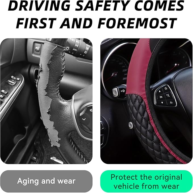 Bling Car Steering Wheel Cover, Diamond Leather Crystal Rhinestones Vehicles Steering Wheel Protector, Sparkling Anti-Slip Automotive Interior Decoration Accessories, Universal Fit (Wine Red)