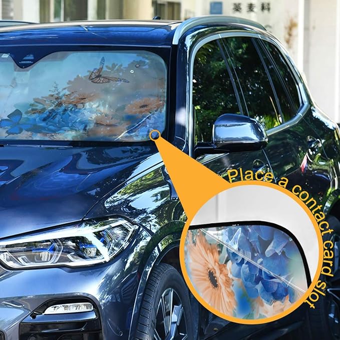 Butterfly Daisy Car Windshield Sun Shade Blue Hydrangea Yellow Flowers Foldable UV Ray Sun Visor Protector Sunshade to Keep Your Vehicle Cool (55" x 27.6")