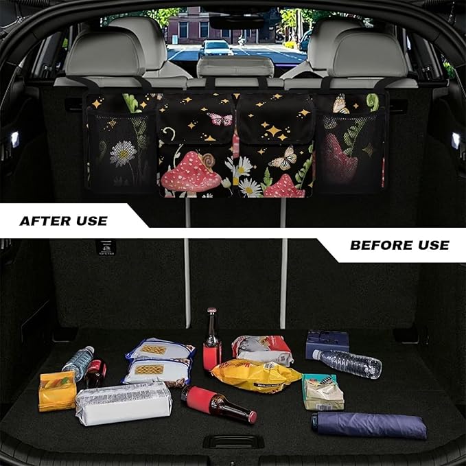 Butterfly Mushroom Car Backseat Trunk Organizer Daisy Stars Hanging Cargo Bag Multipurpose Trunk Storage Bag with 3 Adjustable Buckles