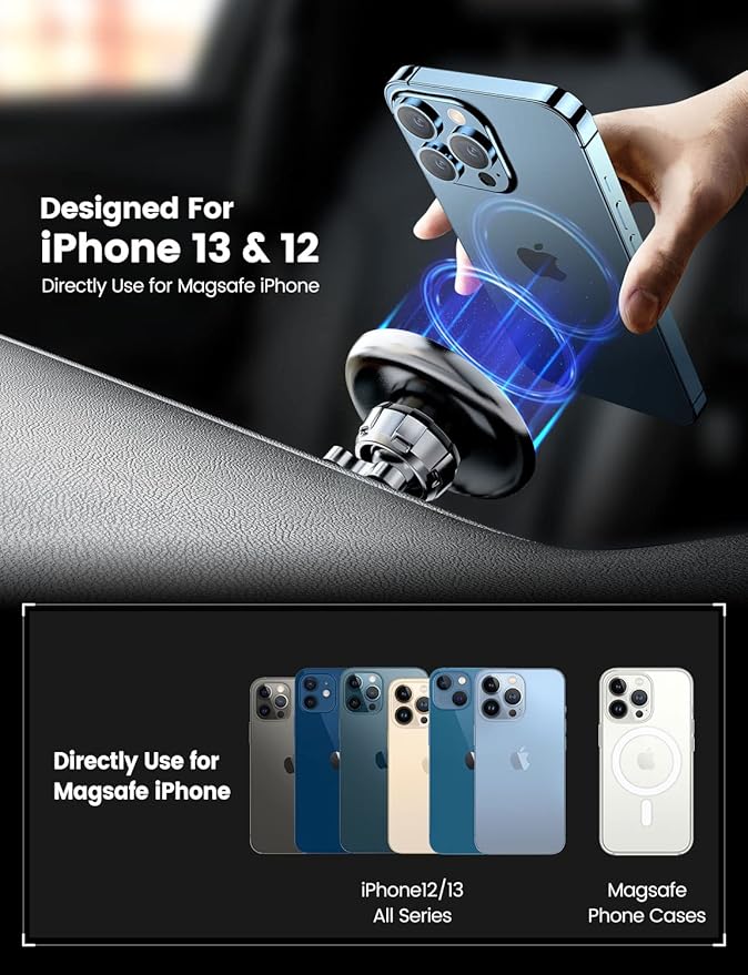 eSamcore for Magsafe Car Mount, Retractable Magnetic Car Mount for Dashboard & Windshield Vacuum Suction Cup Cell Phone Holder for iPhone 17 Pro Max 16 15 14 13 12 and Magsafe Case