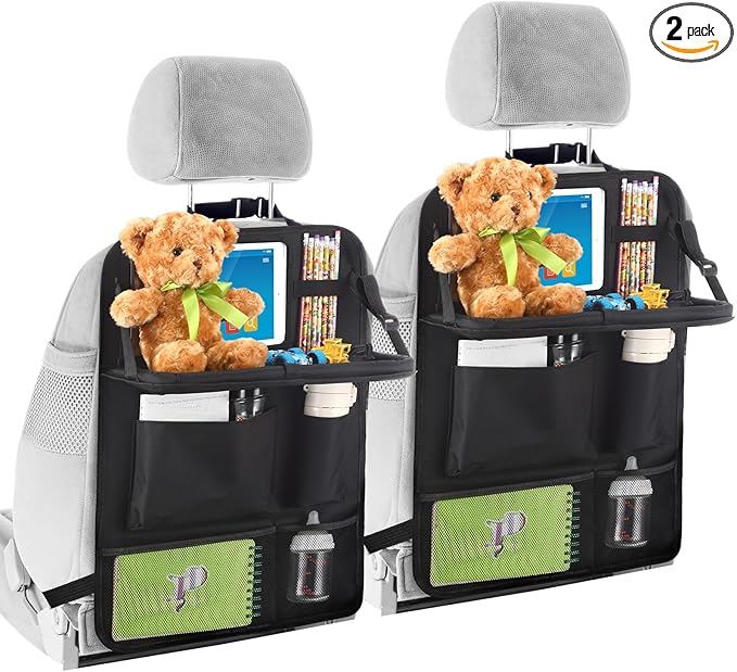 2 Pcs Backseat Car Organizers with Table Tray, 6 Storage Pockets Car Organizer with Tablet Holder, Kick Mats Protectors for Kids Travel Accessories Black, Unisex(Classic,Black)