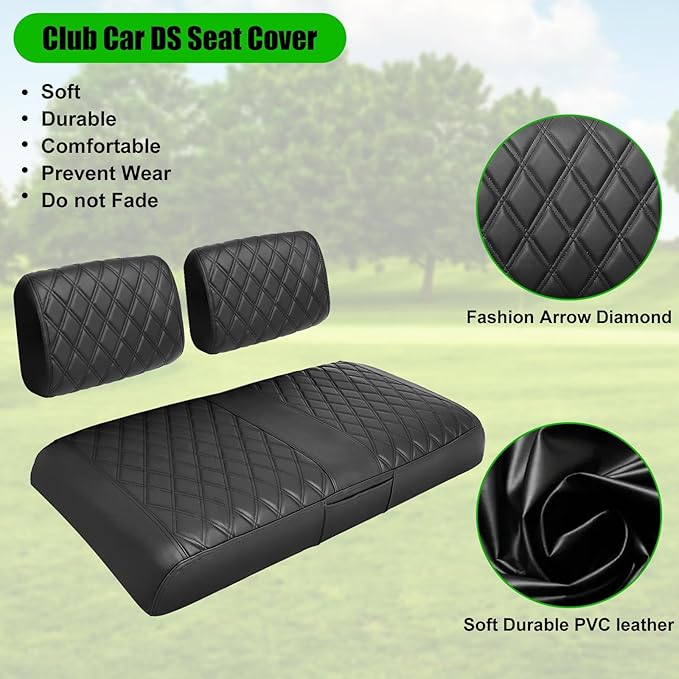 Club Car DS Pre-2000 Golf Cart Seat Cover Thick Premium Marine Leather Made with Custom Diamond Stripe Soft Comfortable/Anti-Scratch/Anti-Fading/NO Stapler Required