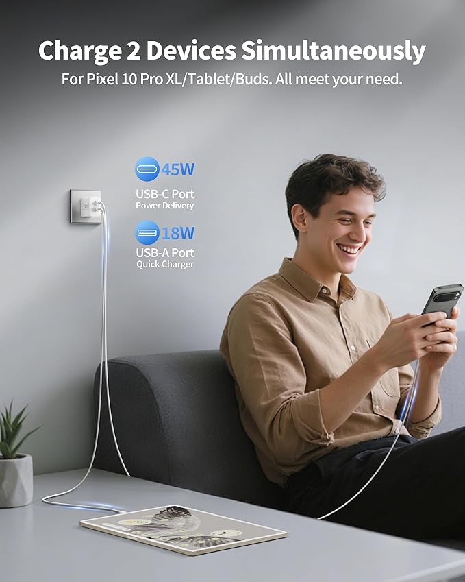 Pixel 10 9 8 Pro XL Charger Fast Charging, 2Pack 45W Dual Port USB C Super Fast Wall Charger Block with 10FT Long Type C to C Cable Cord for Google Pixel 10/10 Pro XL/10 Pro Fold/9a/9/9 Pro/8a/8/7/6/5