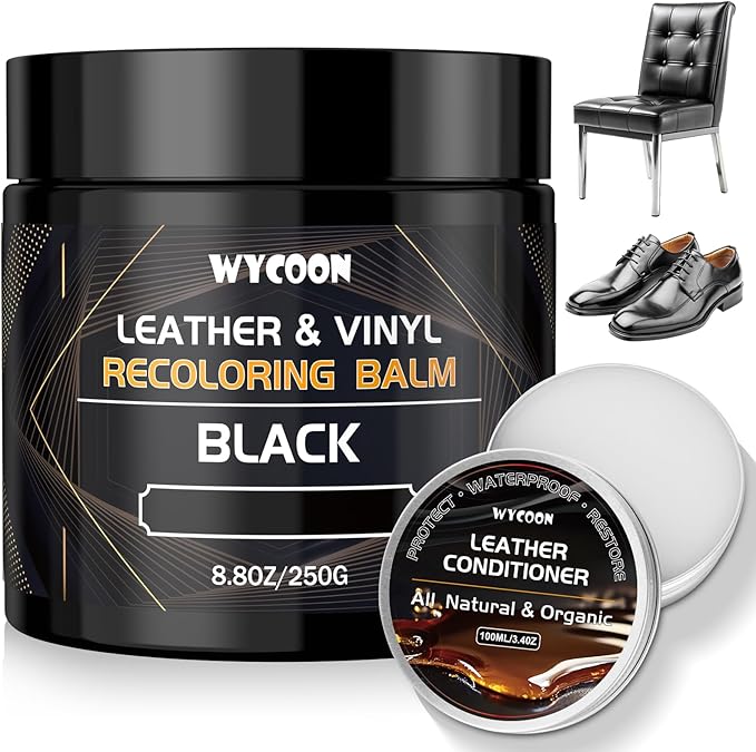 Leather Recoloring Balm with 100ml Mink Oil Conditioner | Black Repair Kit, Dye & Color Restorer for Furniture, Sofa, Car Seats, Bags | Restore Faded & Scratched Surfaces
