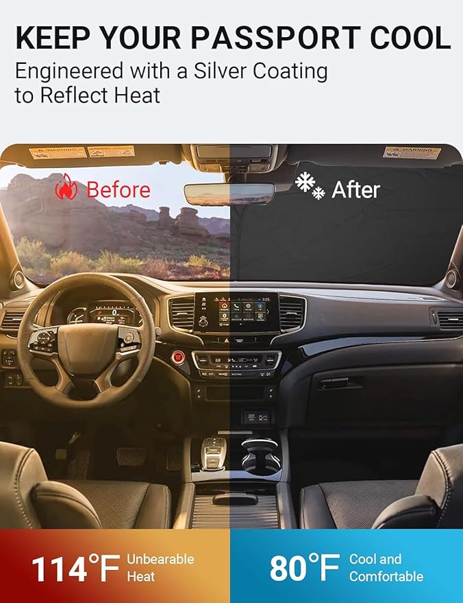 Proadsy 2026 Upgrade Front Windshield Sun Shade Foldable Sunshade Protector Custom Fit 2019-2025 Passport, Sport, EX-L, Touring, Eliten, SUV Accessories