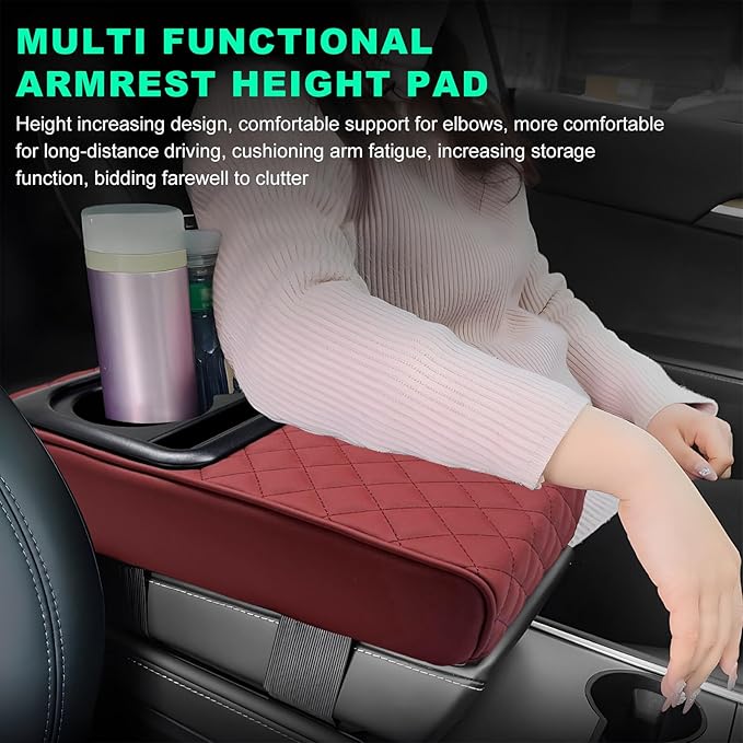 Car Center Console Armrest Pillow, Memory Foam Auto Armrest Box Cover with Cup Holder & Phone Holder, Waterproof Leather Arm Rest Protector Cushion, Interior Car Accessories (Diamond, Wine Red)