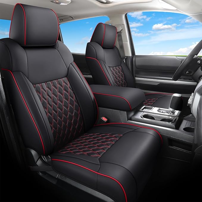 Huidasource Front Truck Seat Covers Fit for 2nd Gen Toyota Tacoma 2005-2015 Double&Crew Cab, Leather Car Seat Cushion Cover for Tacoma Base, PreRunner, SR5, Limited, TRD Sport(Front Pair/Black&Red)
