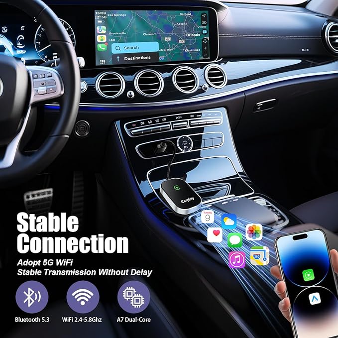 Wireless Carplay Adapter, 2025 Upgrade Converts Wired to Wireless Adapter for iPhone, Auto Connect Dongle for Apple Car Play, Bluetooth No Delay Control for Cars from 2016 and iOS 10+, Silver