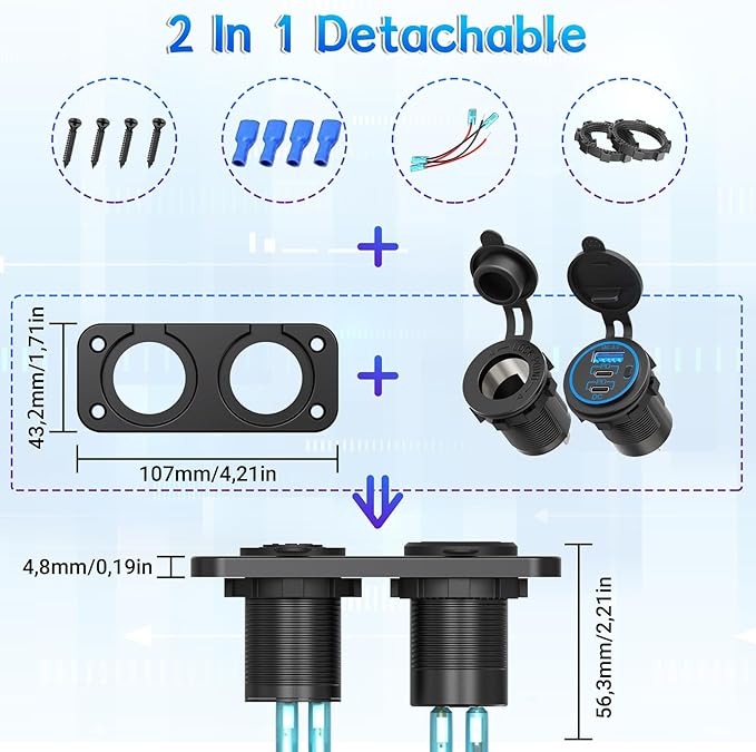 Cigarette Lighter Socket Qidoe 12V Splitter Panel 78W 12V USB Outlet Dual USB C PD&QC3.0 Car Charger Socket ON/Off Switch Waterproof 300W Power Cigarette USB Adapter for Car Marine RV