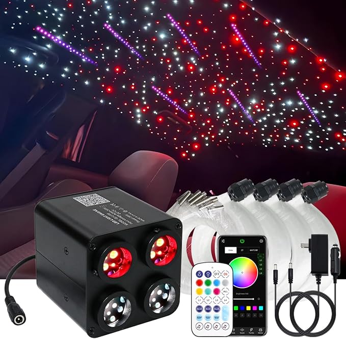 AKEPO 36W 4 Color Twinkle Fiber Optic Starlights Headliner Lights Kit, Optical Fibers Music Sync Bluetooth APP Control Starlight Kit, 2400pcs*13.1ft +240pcs Colorful Shooting Star