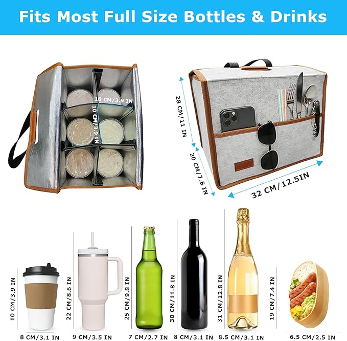 6 Cup Drink Carrier with Handle, Reusable Insulated Cooler Drink Caddy for Car Cup Holder, Foldable Coffee Carrier Bag with Adjustable Dividers, Portable for Car, Travel, Picnic Party, Food Delivery