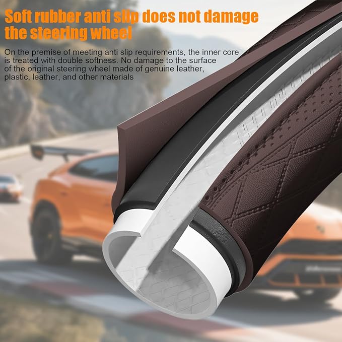 Car Steering Wheel Cover, 14.5-15" Breathable Soft Leather Vehicle Steering Wheel Protector with Anti-Slip Lining, Comfortable Auto Interior Decoration Accessories, Universal Fit (Coffee)