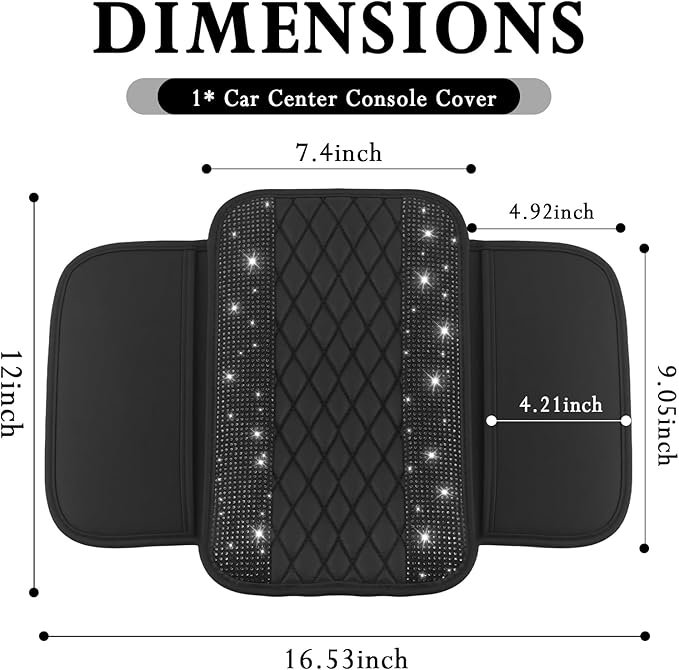 Car Center Console Cover with Diamond Grid Design,Bling Armrest Cover Cushion with 2 Storage Bags,Soft Leather Arm Rest Cover for Car Interior Accessories (Black + Black)