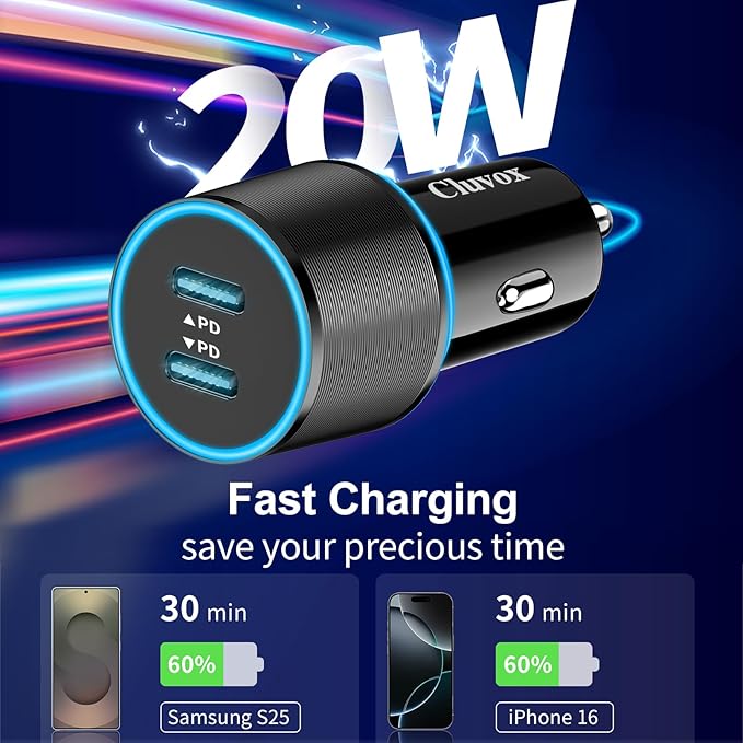 6 Pack 40W USB C Car Charger Fast Charging, Dual 20W Type C Port Cigarette Lighter Adapter, 12V USBC Plug Accessories Bundle for iPhone 17 16 15, Samsung Galaxy S26 S25, Google Pixel 10 Android Phone