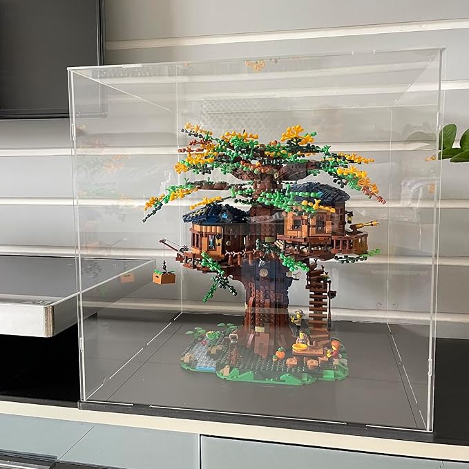 Choowin Large Acrylic Display Case for Lego Ideas Tree House 21318 & Piano 21323 - Thickened Clear Acrylic Display Box for Collectibles - Dustproof, Assemble, White Base