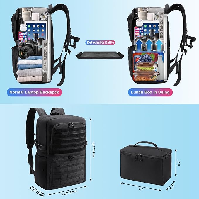 BERTASCHE Lunch Backpack, Laptop Backpack 17 inch for Work w/Insulated Cooler Lunch box for Men Women, Casual Daypack for Travel Commuter Picnic College,Black