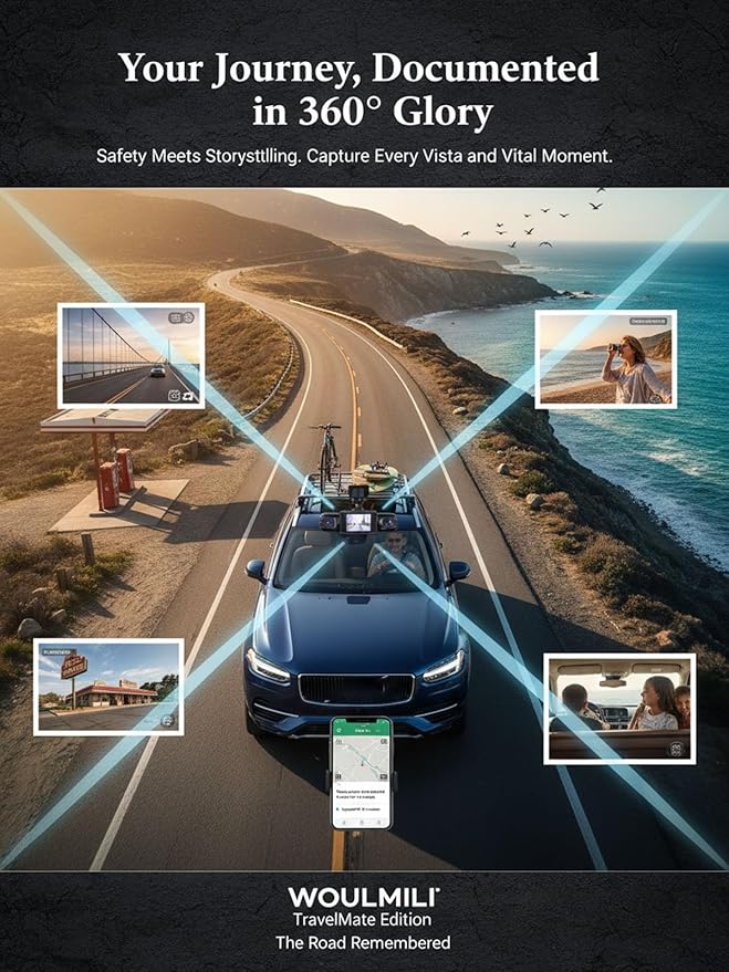 Full View Car Dashcam Wireless System 360 Car DVR WiFi 4 Channel Dash Cam Video Recorder Camera for Cars, Front and Rear Inside with Infrared Lamps Night Vision (32G)