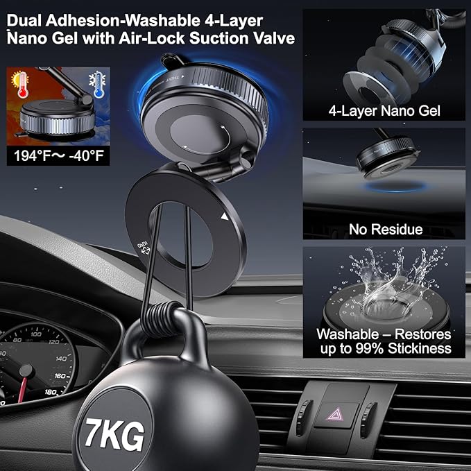 Jikasho Vacuum Magnetic Car Phone Holder for Magsafe, Hands-Free 360° Adjustable Suction Cup Phone Mount for Car/Gym/Mirror/Smooth Surface, Compatible with iPhone & Android (Silver Black)