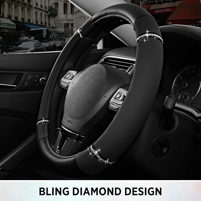 Road Comfort Leather Steering Wheel Cover – Premium Anti-Slip Car Steering Wheel Grip Cover – Universal Fit for 14.5”–15.5” Cars, Trucks & SUVs - Black