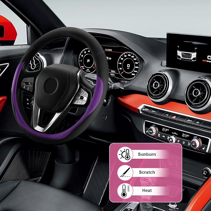 Car Steering Wheel Cover, Universal 15" Anti-Slip Auto Steering Wheel Protector for Men Women, Breathable Odor Free Leather Steering Wheel Car Accessories Fit Most Vehicles (Purple)