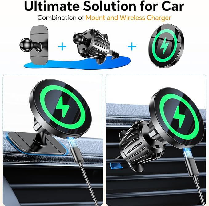 Coolpow for Magsafe Car Mount Charger【100% Stable】 15W Magsafe Car Charger Magnetic Phone Holders for Your Car Accessories for Women Men Gifts for Mothers Day Wireless Car Charger for iPhone 17 16 15