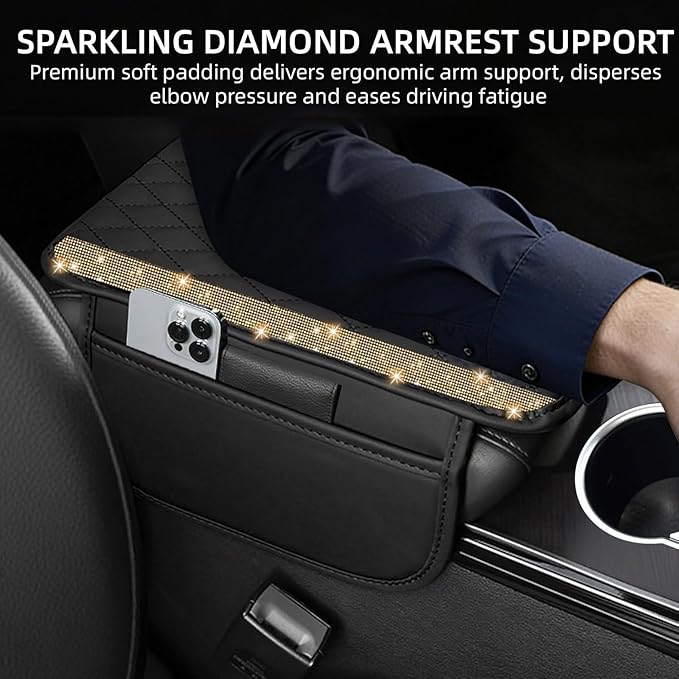 NBTEPEM Bling Car Center Console Cover, Leather Car Arm Rest Cover Cushion with 2 Storage Bags, Universal Auto Armrest Protector, Bling Accessories Interior for Most Vehicles(Gold Champagne Diamond)